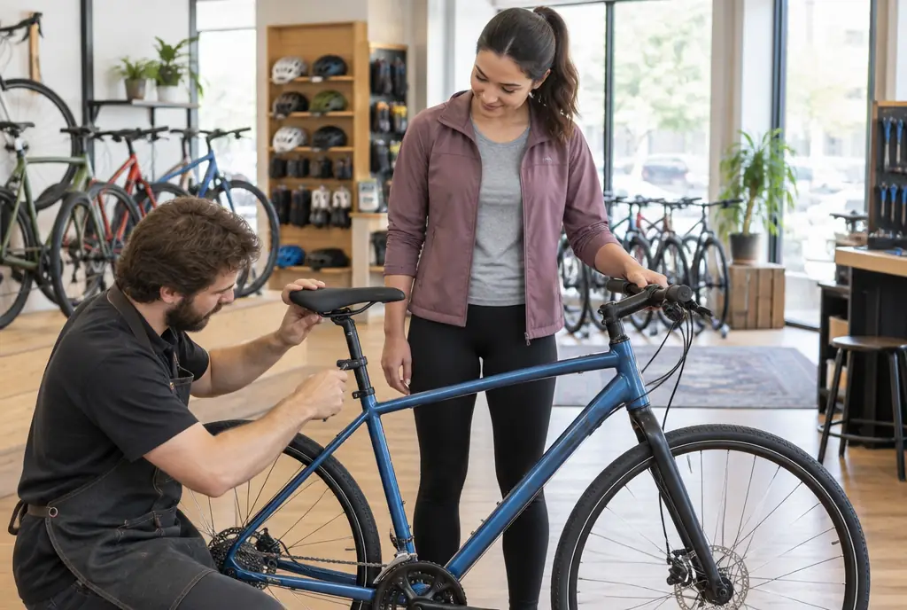 Bike shop mechanic adjusting saddle height for a beginner rider