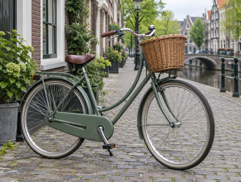 Dutch-style city bike with a wicker basket