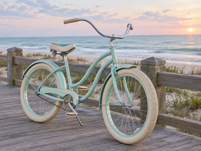 Beach cruiser bike on a seaside boardwalk