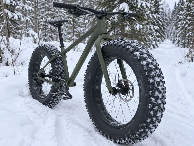Fat bike with very wide tires on a snowy trail