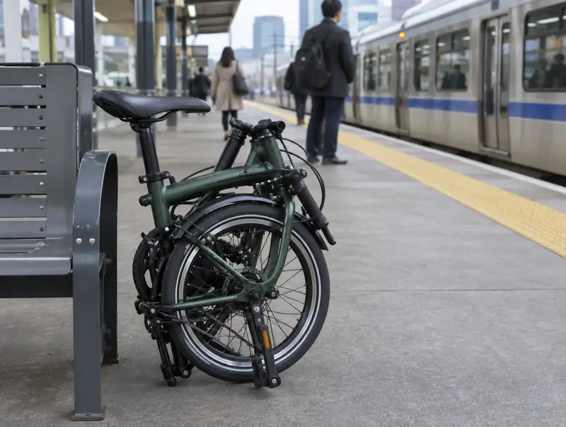 Folding bike partly folded on a train platform
