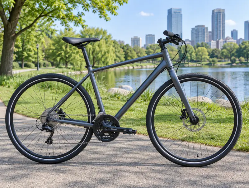 Hybrid bike with flat handlebars in a park