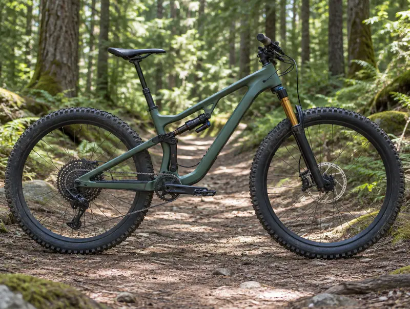 Full-suspension mountain bike on a forest trail