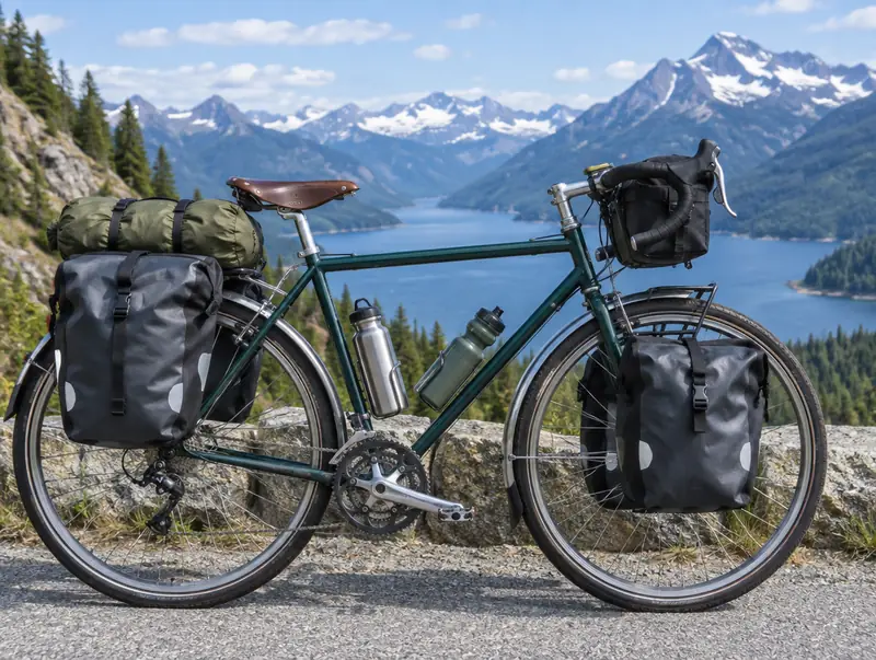 Loaded touring bike with panniers on a mountain road