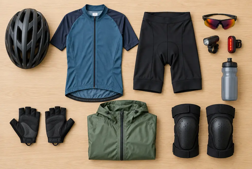 Flat lay of a bike helmet, cycling jersey, shorts, gloves, lights and knee pads