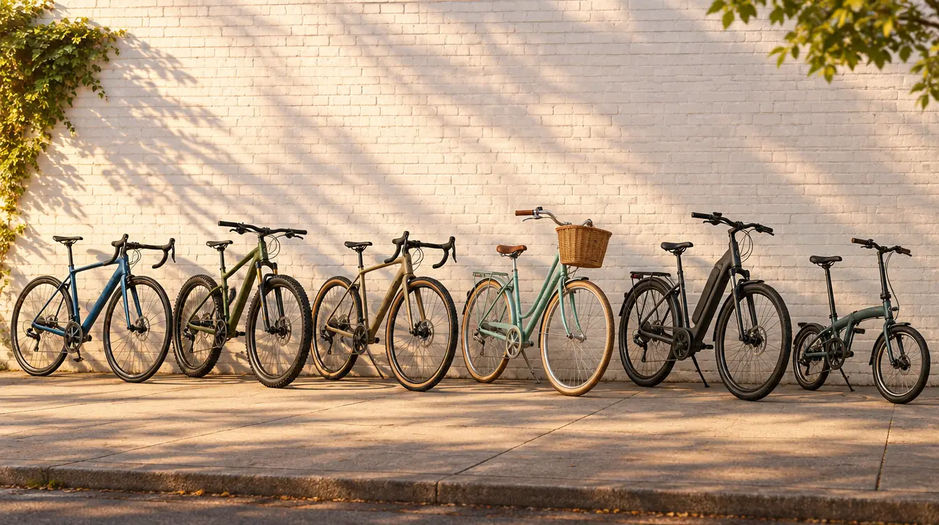 Six different types of bicycles leaning against a white brick wall
