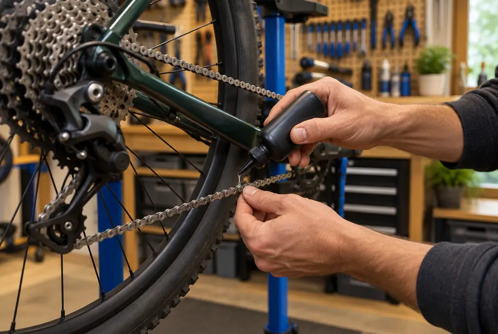 Hands lubricating a bicycle chain on a bike repair stand
