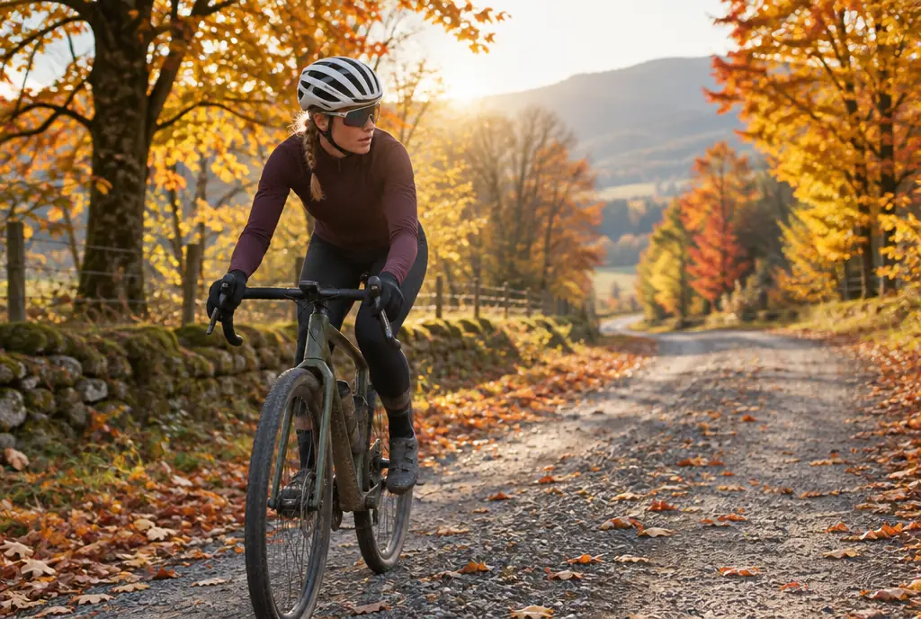 Cyclist riding a gravel bike on a road lined with autumn trees