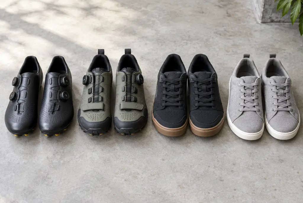Four pairs of cycling shoes: road, mountain bike clipless, flat pedal and commuter